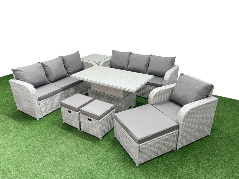 Fimous 10 Seater Poly Rattan Outdoor Garden Furniture Adjustable Lifting Dining or Coffee Table Sofa Set Patio 3 Seater Sofa Reclining Chair 3 Seater Sofa 3 Stools Side Table Light Grey