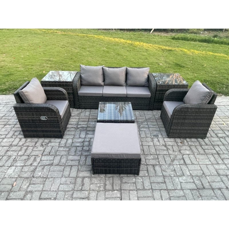 Fimous Garden Furniture Sets 6 Pieces Wicker Rattan Furniture Patio Sofa Sets with Reclining Chair 3 Seater Sofa 2 Side Tables Big Footstool Dark Grey Mixed