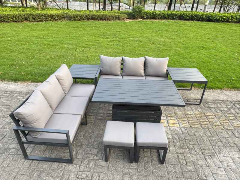 Fimous 6 Pieces Garden Furniture Set Aluminium Adjustable Rising Lifting Dining Table and Sofa Set with Side Table 2 Small Footstools Dark Grey