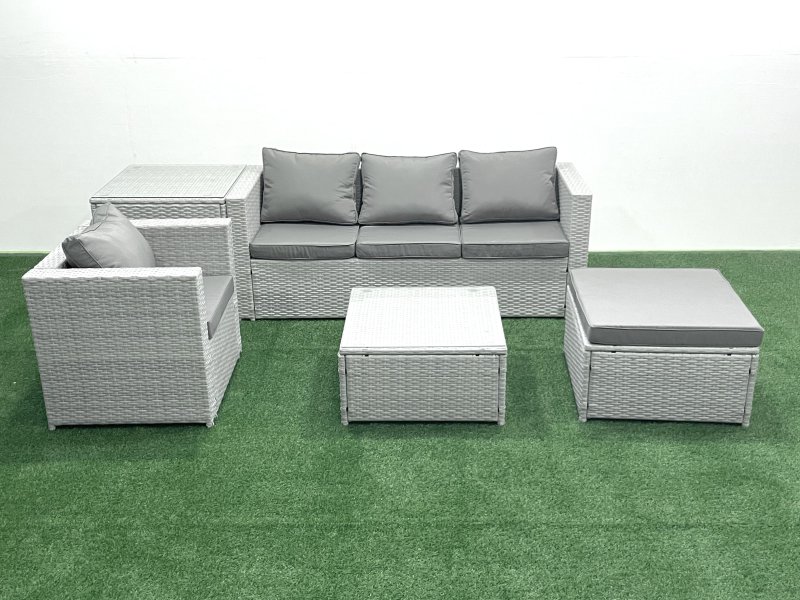 Fimous Garden Outdoor Furniture Set 5 Seater Rattan Sofa Set with Big Footstool Armchair Side Table Light Grey Mixed