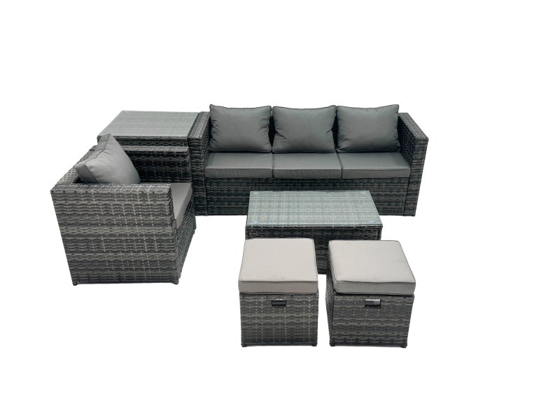 Fimous Outdoor Coffee Table Sofa Armchair Set with Side Table 2 Small Footstools Garden Furniture Set Dark Grey Mixed