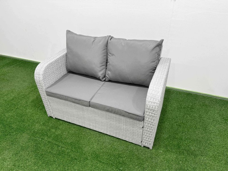 Fimous 6 Seater Outdoor Reclining Chair Love Sofa Set Rattan Garden Furniture Set with Rectangular Coffee Table Side Table Light Grey