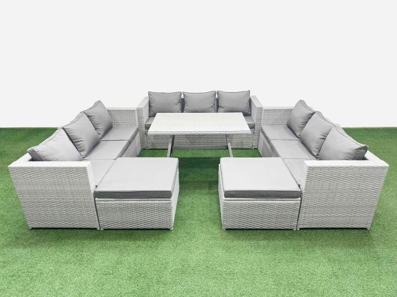 Fimous 11 Seat Outdoor Patio PE Rattan Garden Furniture with Cushions 3 Seater Sofa 2 Big Stools Light Grey