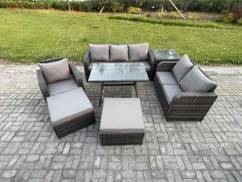Fimous 7 PCS Outdoor Lounge Sofa Set Wicker PE Rattan Garden Furniture Set with Rectangular Dining Table Armchair 2 Big Footstool Side Table Dark Grey Mixed