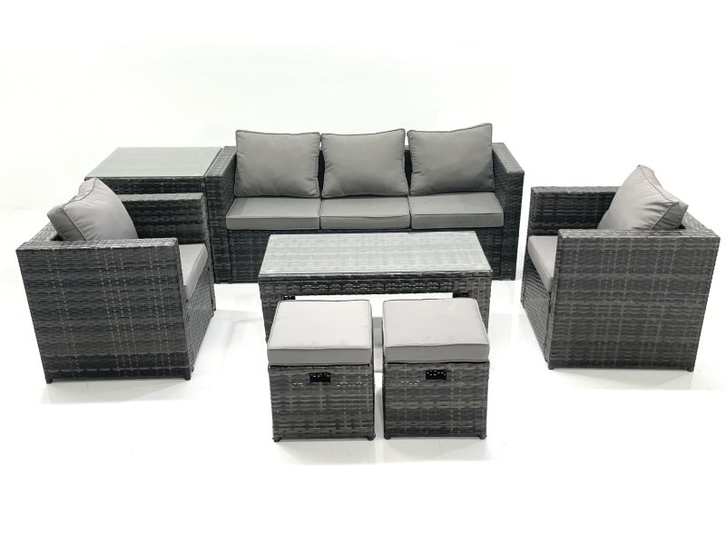 Fimous Rattan Garden Furniture Set Outdoor Lounger Sofa with Coffee Table 2 Armchair 2 Small Footstools Side Table Dark Grey Mixed