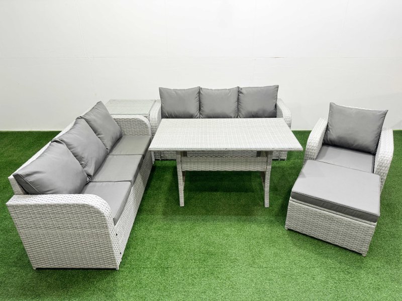 Fimous 8 Seater Poly Rattan Outdoor Garden Furniture Rectangular Dining Table Sofa Set Patio 3 Seater Sofa Reclining Chair 3 Seater Sofa Big Footstool Side Table Light Grey