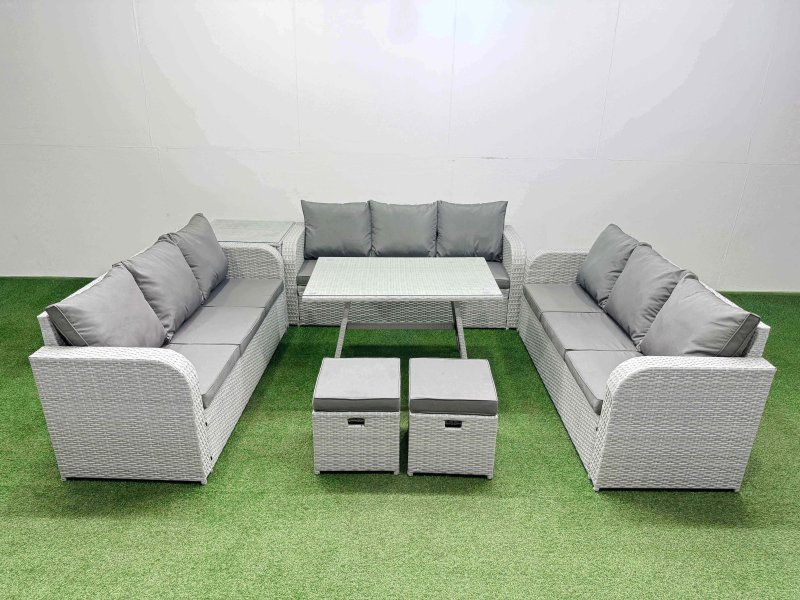 Fimous 11 Seat Outdoor PE Rattan Garden Furniture with Cushions 3 Seater Sofa Side Table 2 Small Stools Light Grey