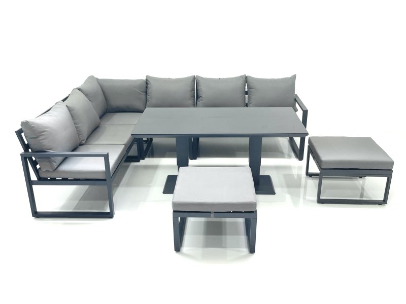 Fimous Aluminum Outdoor Garden Furniture Set Corner Sofa 2 Big Footstools Adjustable Rising Lifting Dining Table Sets Dark Grey