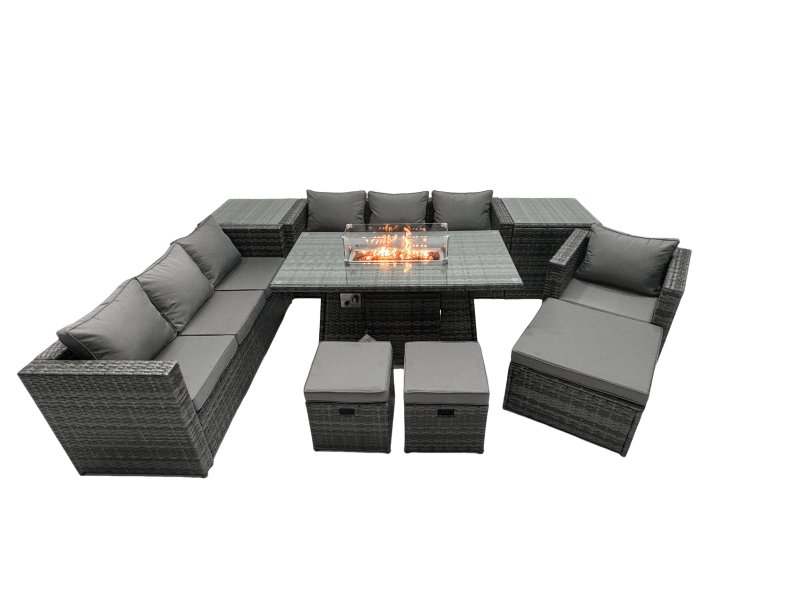 Fimous Rattan Garden Furniture Firepit Dining Set 10 Seater Lounge Sofa Table Set with 2 side table 3 Footstool