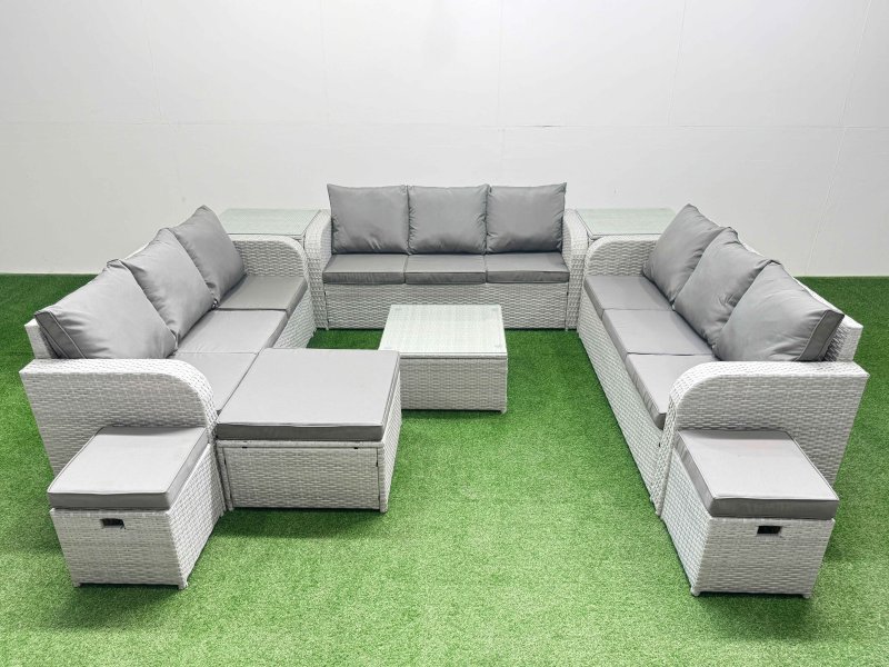 Fimous PE Rattan Lounge Sofa Set 12 Seater Outdoor Garden Furniture Set with Square Coffee Table 3 Seater Sofa 3 Stools 2 Side Table Light Grey