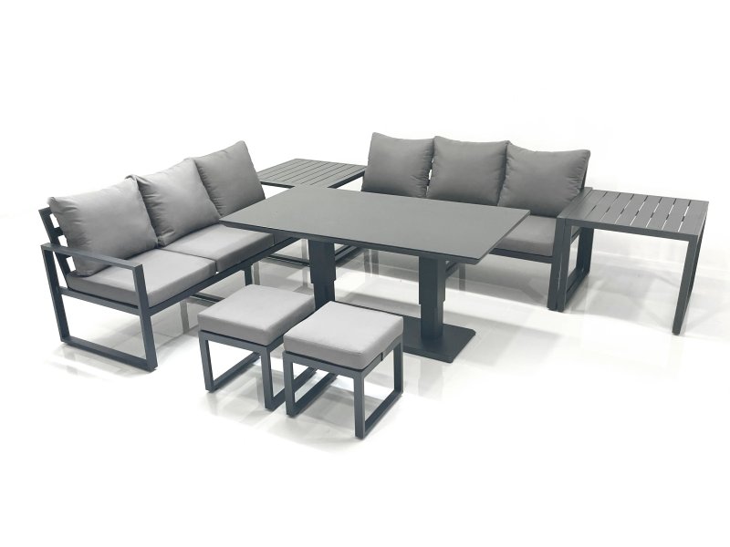 Fimous 8 Seater Aluminium Outdoor Garden Furniture Set with Adjustable Rising Lifting Dining Table 3 Seater Sofa 2 Small Footstool 2 Side Tables Dark Grey
