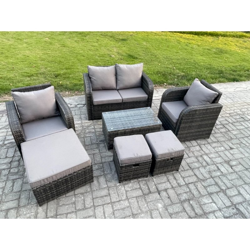 Fimous Wicker PE Rattan Outdoor Furniture Set Garden Love Sofa Coffee Table 2 Armchair 3 Footstools Dark Grey Mixed