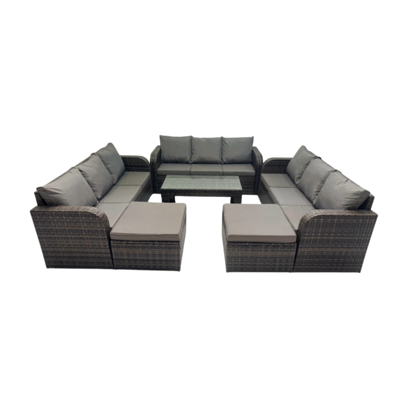 Fimous Rattan Garden Outdoor Furniture Set 3 Seater Sofa Coffee Table with 2 Big Footstools Dark Grey Mixed