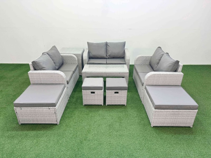 Fimous PE Wicker Rattan Furniture Sofa Sets with Oblong Coffee Table Love Sofa 4 Stools Side Table Light Grey Mixed