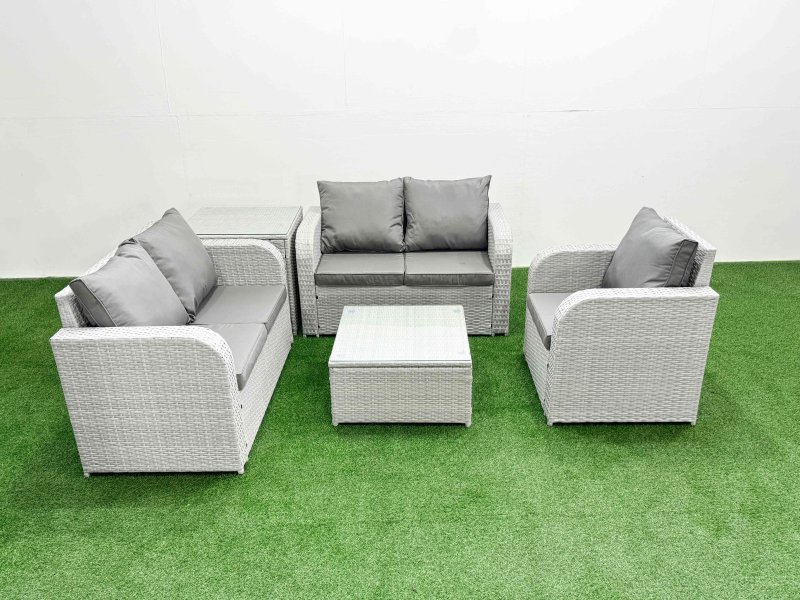 Fimous High Back Poly Rattan Garden Furniture Set with Reclining Chair Loveseat Sofa Square Coffee Table Indoor Outdoor Patio Set Side Table Light Grey