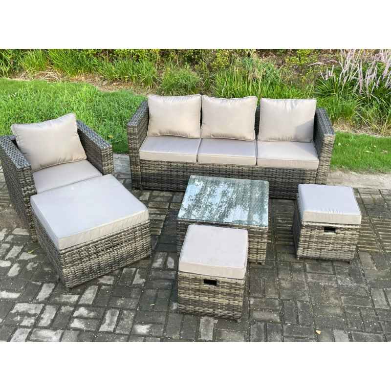 Fimous 6 PCS Outdoor Lounge Sofa Set Wicker PE Rattan Garden Furniture Set with Armchair Square Coffee Table 3 Small Footstools Dark Grey Mixed