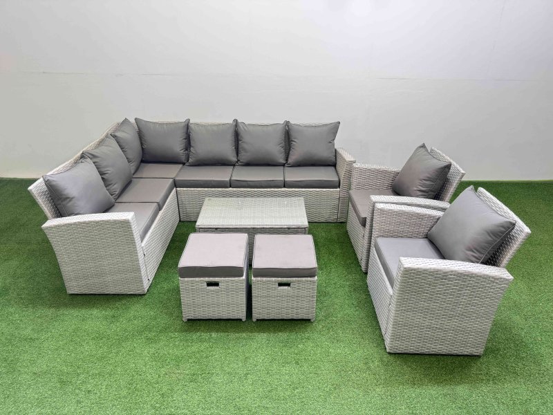 Fimous 10 Seater Garden Outdoor PE Rattan Furniture Set Rattan Garden Sofa Set with 2 Small Footstools Light Grey Mixed