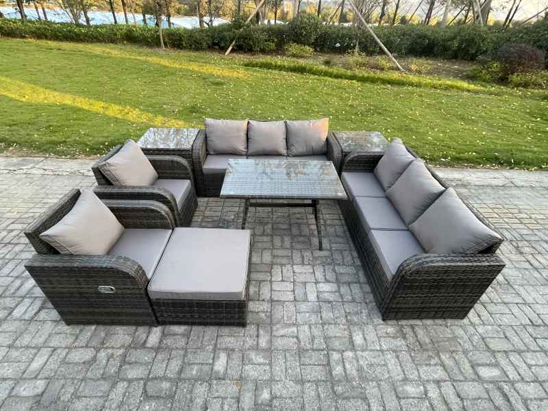 Fimous 9 Seater Rattan Outdoor Garden Furniture Sofa Set Patio Table & Chairs Set with 3 Seater Sofa Rectangular Dining Table 2 Side Tables Big Footstool Dark Grey Mixed