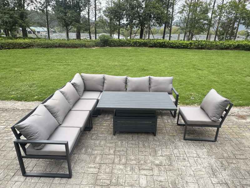Fimous L-shaped Garden Furniture Set 13-Seater Aluminium Outdoor Dining Set with Adjustable Rising Lifting Dining Table 3 Footstools 3 Chairs Dark Grey