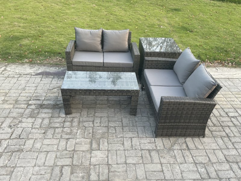 Fimous 4 Pieces Garden Furniture Sets Poly Rattan Outdoor Patio Furniture PE Wicker Furniture Set with Loveseat and Table for Garden Backyard Dark Grey Mixed