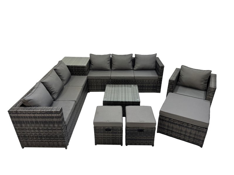 Fimous 10 Seater Garden Outdoor Rattan Furniture Set Patio Corner Sofa Coffee Table with Side Table 3 Stool Dark Grey