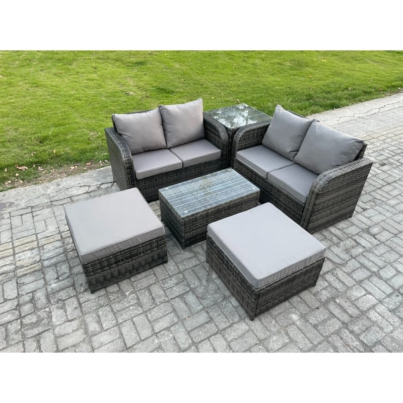 Fimous 6 Seater Garden Furniture Set Rattan Outdoor Lounge Sofa Chair With Tempered Glass Table 32 Big Footstools Side Table Dark Grey Mixed