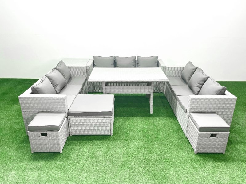 Fimous Rattan Garden Outdoor Furniture Set 12 Seater Garden Sofa Rectangulr Dining Table Set with 3 Footstools Side Table Light Grey Mixed
