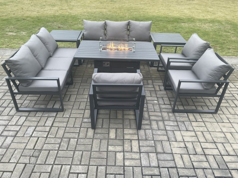 Fimous Aluminium Garden Furniture Outdoor Set Patio Lounge Sofa Gas Fire Pit Dining Table Set with 3 Armchair 2 Side Table Dark Grey