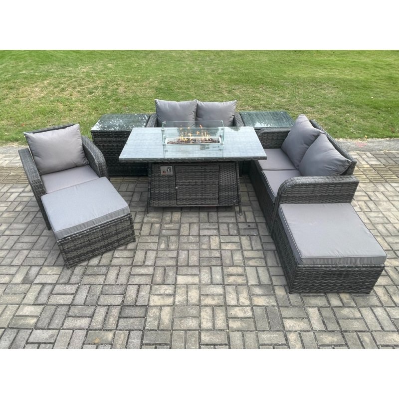 Fimous Outdoor Sofa Rattan Garden Furniture Set Patio Gas Fire Pit Dining Table and Reclining Chair set with 2 Side Tables 2 Big Footstool Dark Grey Mixed