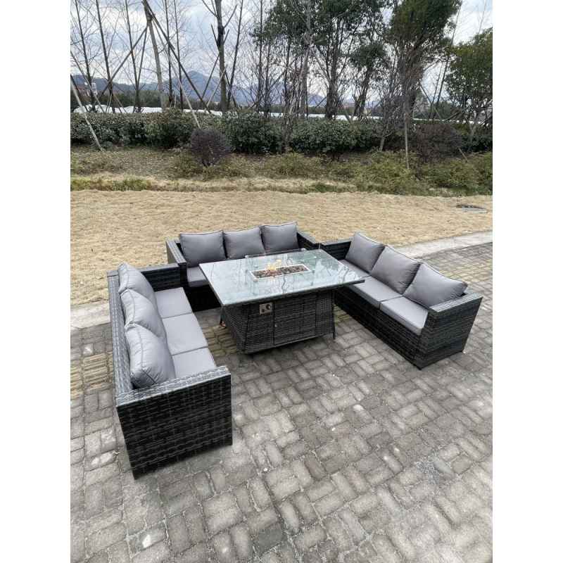 Fimous 9 Seater?U Shape Outdoor Lounge Rattan Sofa Set Garden Furniture Gas Firepit Set Dining Table Dark Grey Mixed