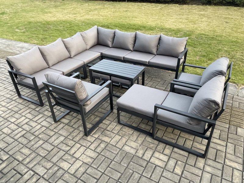 Fimous Aluminium 13 Seater Outdoor Garden Furniture Set Lounge Corner Sofa Oblong Coffee Table 3 Pcs Chair Sets with 3 Footstools Dark Grey