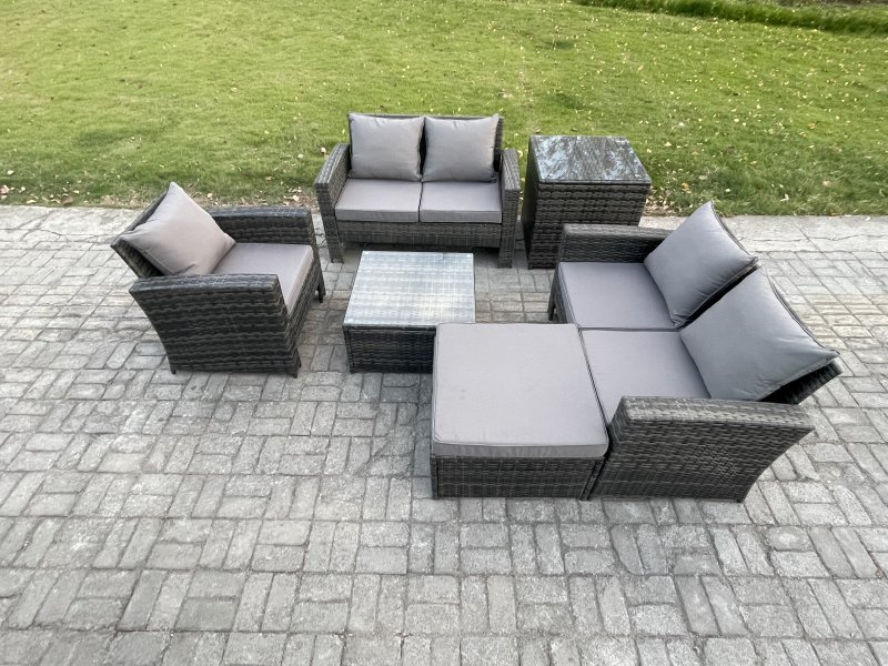 Fimous Outdoor Rattan Garden Furniture Set Conservatory Patio Sofa Coffee Table Set with Chair Big Footstool Side Table Dark Grey Mixed