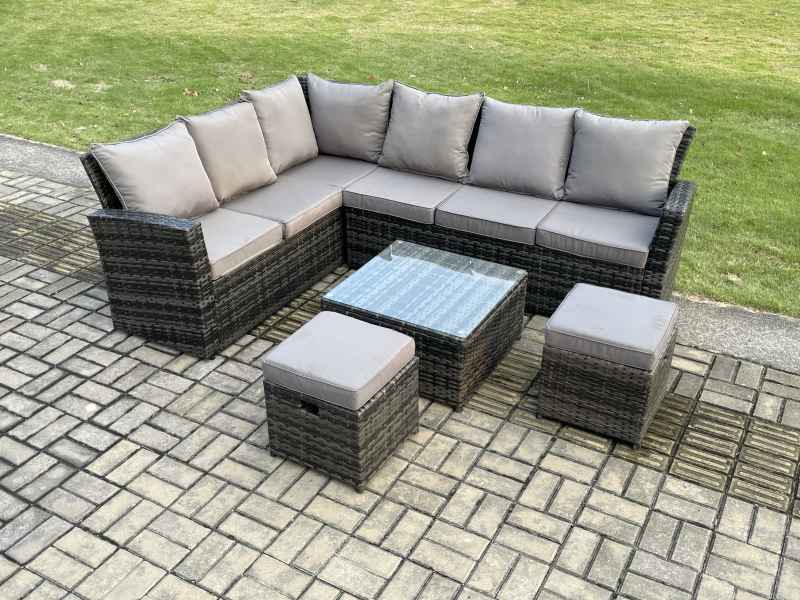 Fimous 8 Seater Outdoor Furniture Garden Dining Set Rattan Corner Sofa Set with Square Coffee Table 2 Small Footstools Dark Grey Mixed