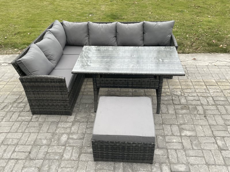 Fimous 7 Seater Rattan Garden Furniture Sets High Back Corner Sofa Rectangular Dining Table Set with Big Footstool Dark Grey Mixed