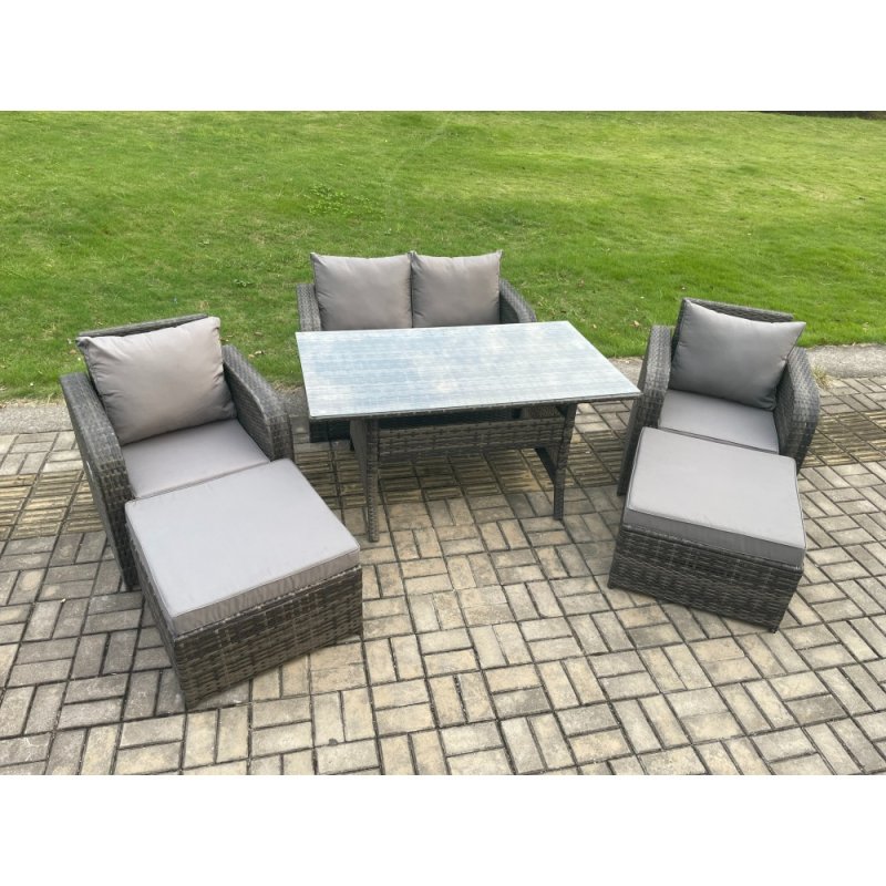 Fimous Patio Rattan Garden Furniture Set with Oblong Rectangular Dining Table 2 Big Footstool 6 Seater Outdoor Lounge Sofa Set Dark Grey Mixed