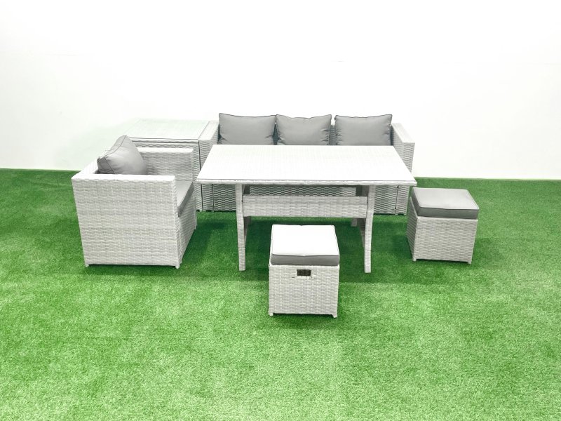 Fimous Rattan Garden Furniture Dining Set 6 Seater Lounge Sofa Chair Dining Table Set with 2 Small Footstools Side Table Light Grey Mixed