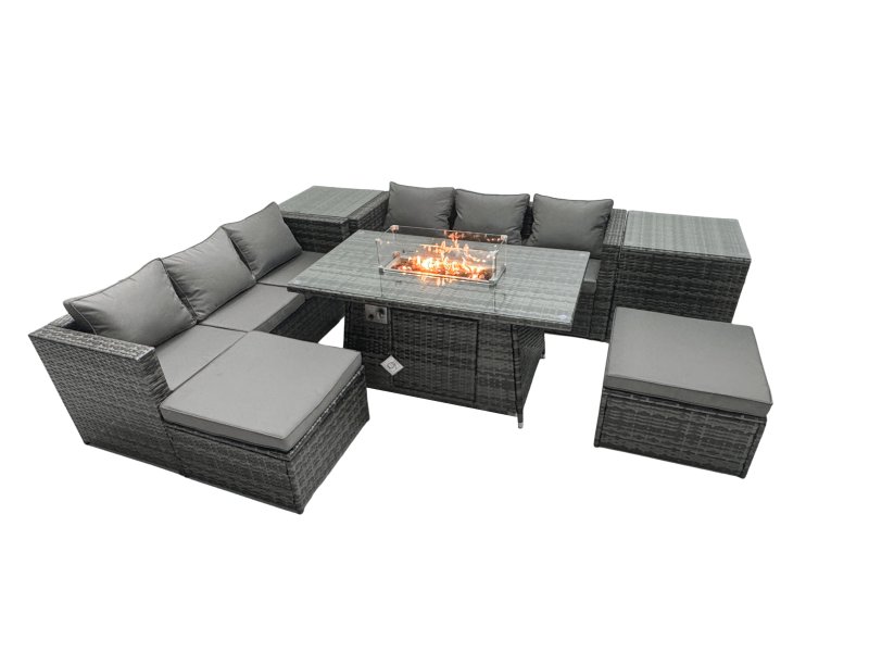 Fimous Rattan Garden Furniture Firepit Dining Set 8 Seater Lounge Sofa Table Set with 2 Side Tables 2 Footstool