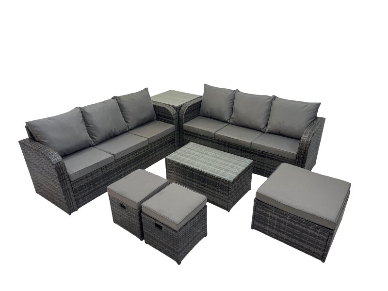 Fimous Outdoor 3 Seater Sofa Coffee Table Set Garden Rattan Furniture Set 9 Seater with 3 Stool Side Table Dark Grey
