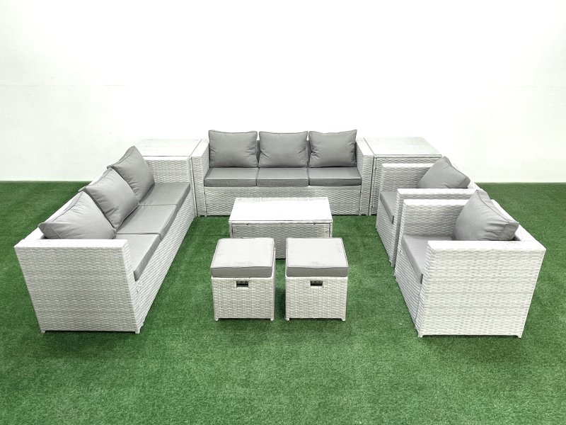 Fimous Outdoor Rattan Sofa Garden Furniture Set with 2 Armchairs Oblong Coffee Table 2 Small Footstools 2 Side Tables Light Grey Mixed