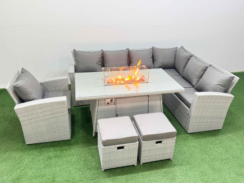 Fimous 9 Seat Rattan Garden Furniture Corner Sofa Set Outdoor Gas Fire Pit Table Set with 2 Small Footstools Light Grey