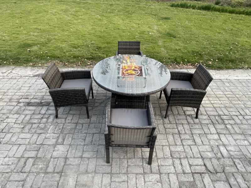 Fimous Outdoor Rattan Garden Furniture Set Gas Fire Pit Round Table Sets Gas Heater with 4 Seater Dining Cahirs Dark Grey Mixed