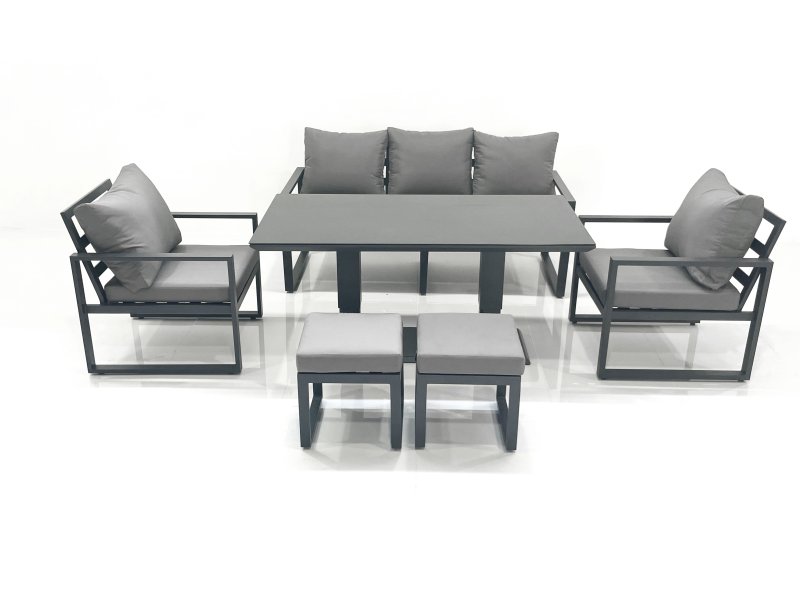 Fimous Outdoor Aluminium Garden Furniture Set with Adjustable Rising Lifting Dining Table 3 Seater Sofa 2 Chair 2 Small Footstools Dark Grey