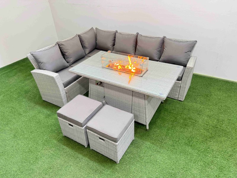 Fimous 8 Seat Rattan Garden Furniture Corner Sofa Set Outdoor Gas Fire Pit Table Sets with 2 Small Footstools Light Grey
