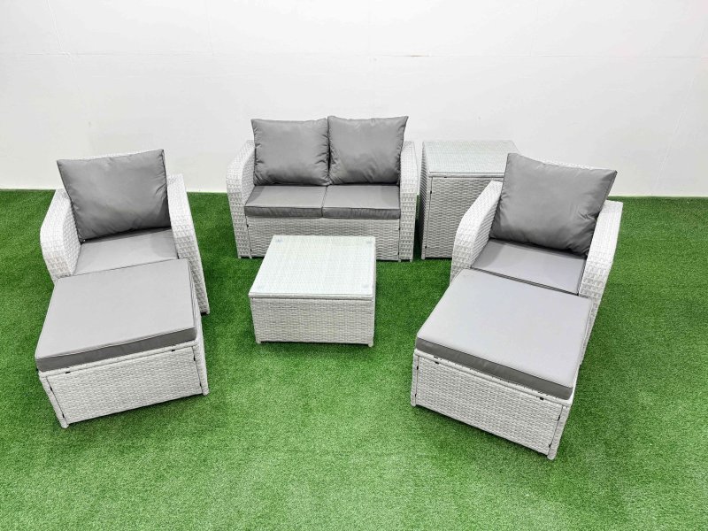 Fimous Light Grey PE Wicker Rattan Garden Furniture Set Sofa Set Reclining Adjustable Chair Square Coffee Table 6 Seater 2 Big Stools Side Table