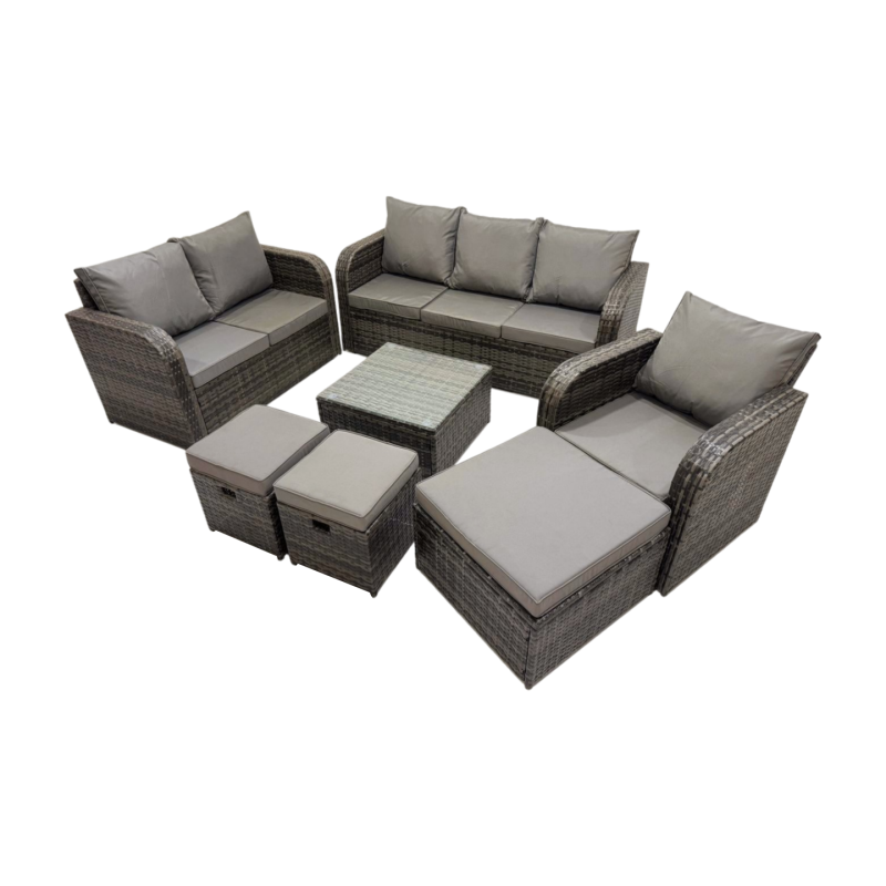 Fimous 3 Seater Sofa Reclining Chair Coffee Table Set Rattan Garden Outdoor Furniture Set with 3 Stool Dark Grey Mixed