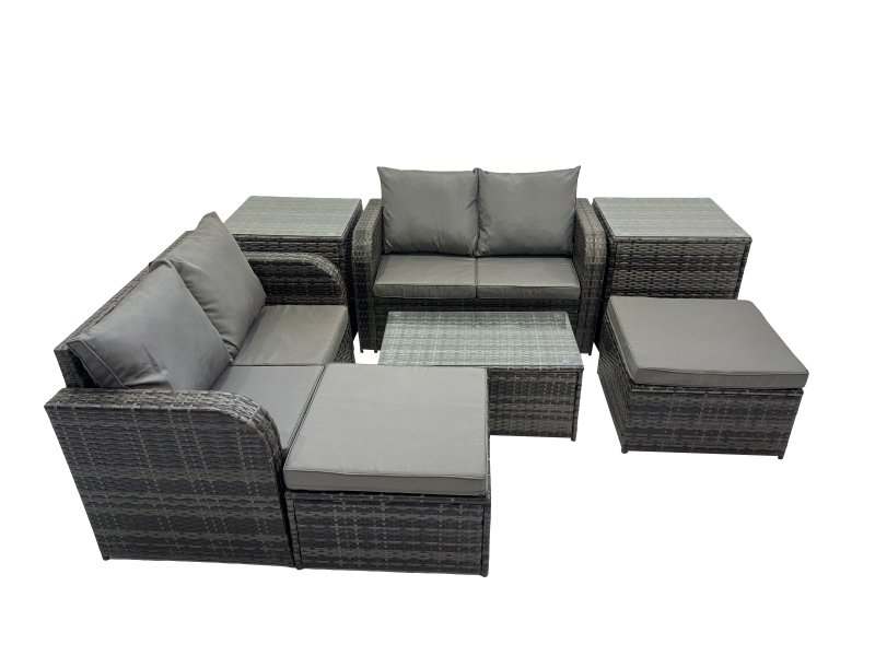 Fimous Outdoor Love Sofa Coffee Table Set Garden Rattan Furniture Set 6 Seater with 2 Side Tables 2 Big Stools Dark Grey