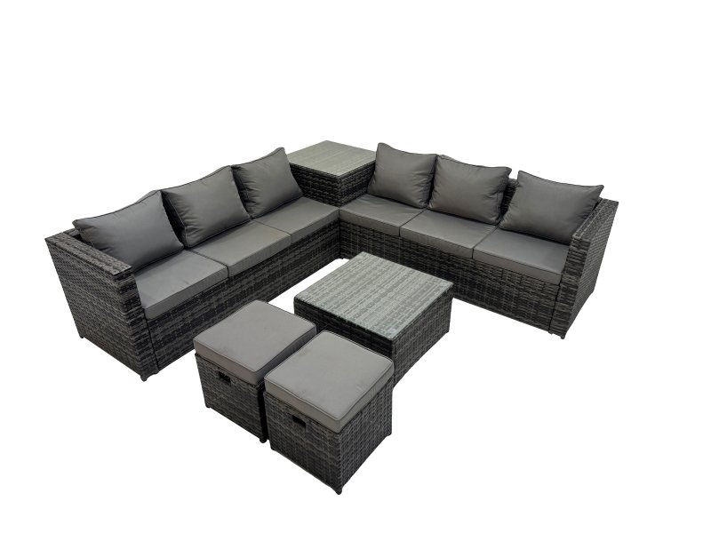 Fimous 8 Seater Garden Outdoor Rattan Furniture Set Patio Corner Sofa Coffee Table with 2 Small Stools Dark Grey