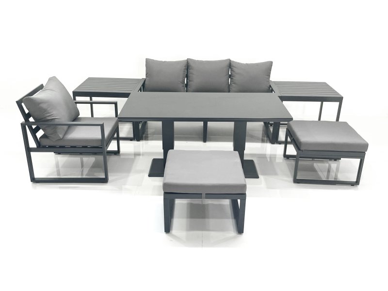 Fimous 6 Seater Garden Sofa Set Aluminium Furniture Rising Dining Tabe Set with Chair 2 Big Footstool 2 Side Tables Dark Grey