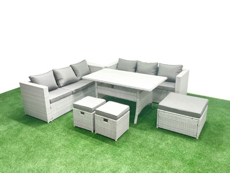 Fimous Rattan Garden Furniture Set 9 Seater Outdoor Sofa Set with Dining Table 3 Footstools Light Grey Mixed
