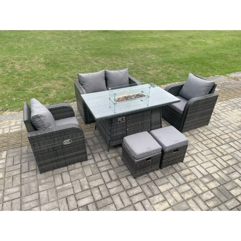 Fimous Rattan Outdoor Garden Furniture Sofa Set Gas Fire Pit Dining Table Gas Heater with Love Sofa 2 Small Footstool Dark Grey Mixed